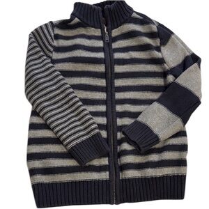 Tea Collection Navy Gray Striped Zip Sweater Cardigan w Pockets Boys Small 4/5